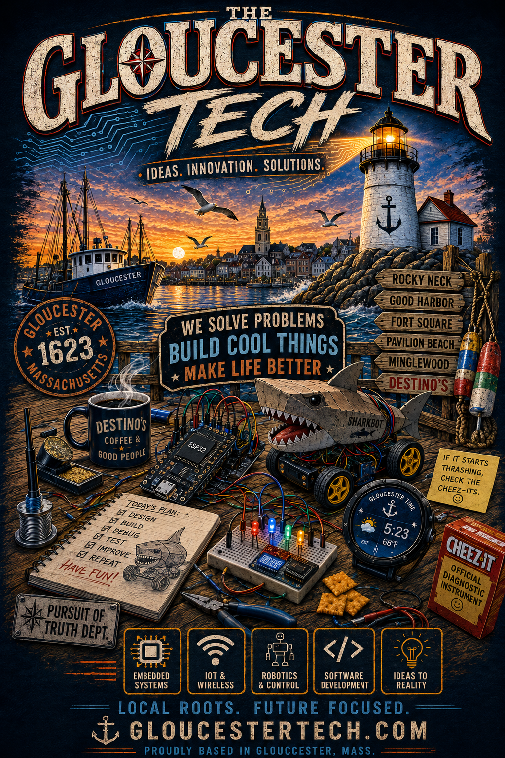 Gloucester Tech illustrated poster combining Gloucester Harbor, a lighthouse, electronics, robotics and SharkBot